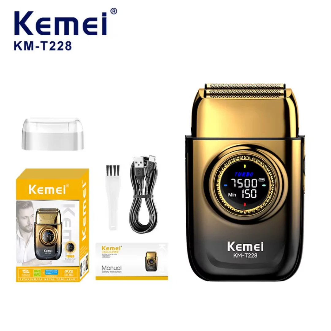 KEMEI KM-T228 Rasoir Electrique a grille pour homme sans fil rechargeable avec écran LED 3vitesses sec et humide